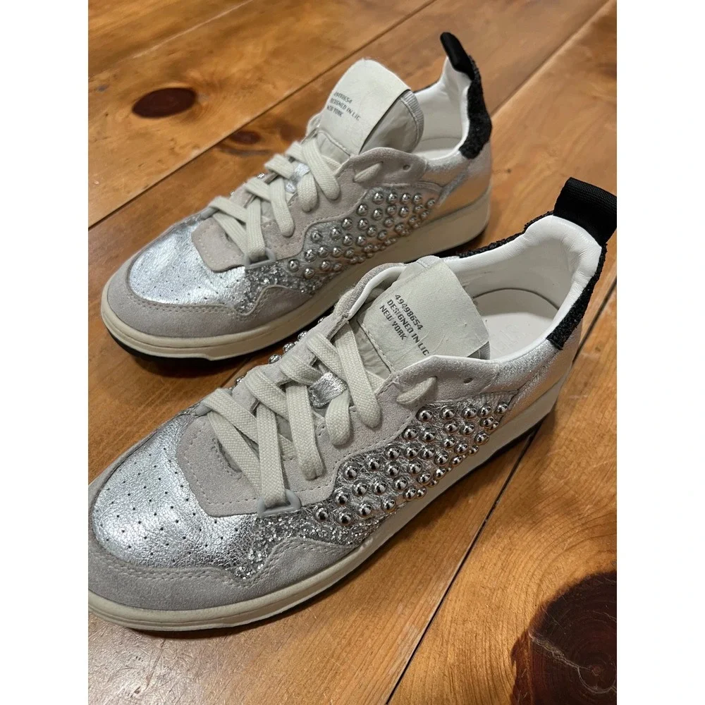 Steve Madden Silver Metallic Studded Suede Sneakers Black Glitter Heel Low Top